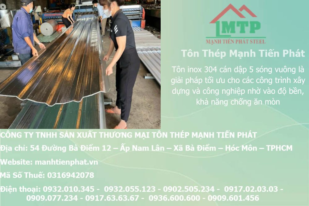 Bảng báo giá tôn inox 304 cán dập 5 sóng vuông, mua tôn 5 sóng inox 304 cán 5 sóng vuông, nhà máy sản xuất tôn 5 sóng inox 304 công nghiệp, cửa hàng đại lý bán tôn 5 sóng inox 304 giá rẻ nhất tốt nhất hiện nay 5 ton inox 5 song vuong xay dung mtp